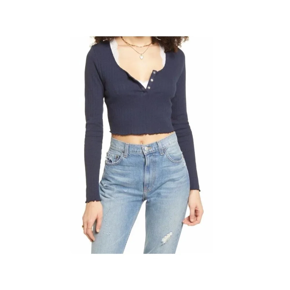 BP Navy Long Sleeve Ribbed Henley Crop Top NEW WITH TAGS